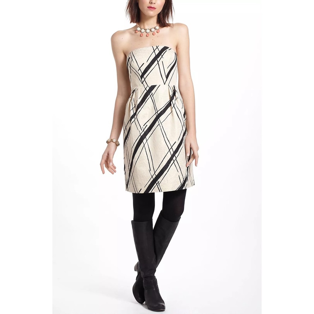 Anthropologie Strapless Cream Dress with Black Graphic Stripes